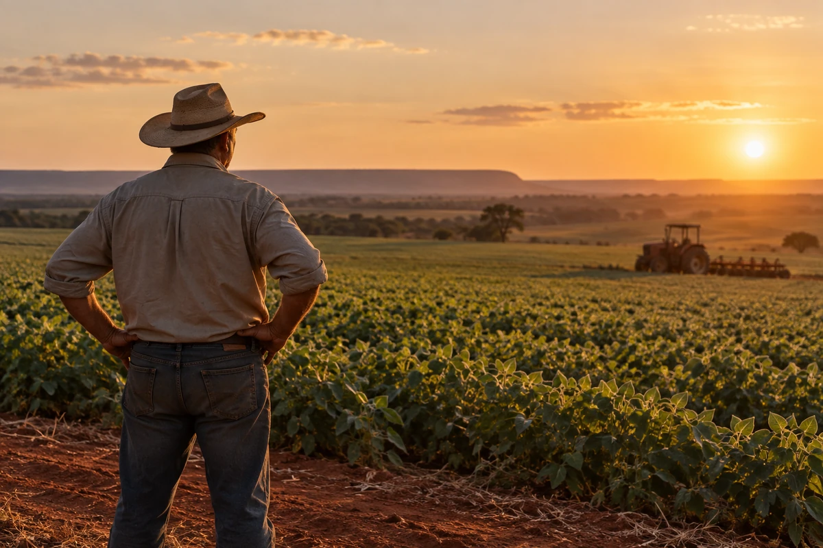 Um homem de chapéu, de costas, observa uma lavoura ao pôr do sol. Ao fundo, um trator e uma chapada no horizonte.